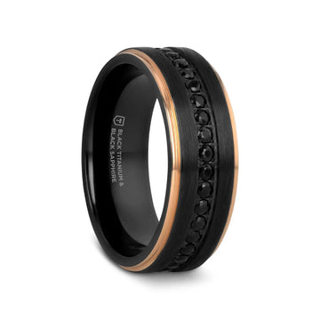 ASTRO Flat Brushed Black Titanium Ring with Rose Gold Plated Edge and Black Sapphire Settings All Around - 8mm - Larson Jewelers
