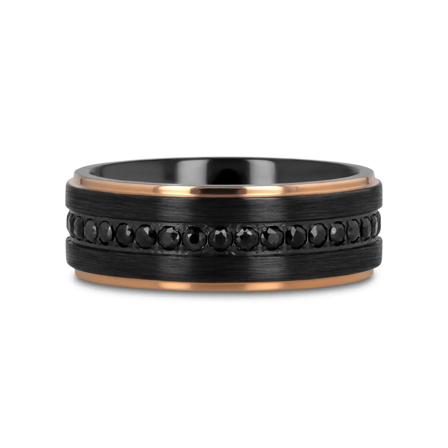 ASTRO Flat Brushed Black Titanium Ring with Rose Gold Plated Edge and Black Sapphire Settings All Around - 8mm - Larson Jewelers