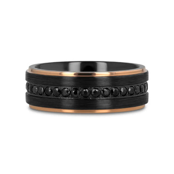 ASTRO Flat Brushed Black Titanium Ring with Rose Gold Plated Edge and Black Sapphire Settings All Around - 8mm - Larson Jewelers