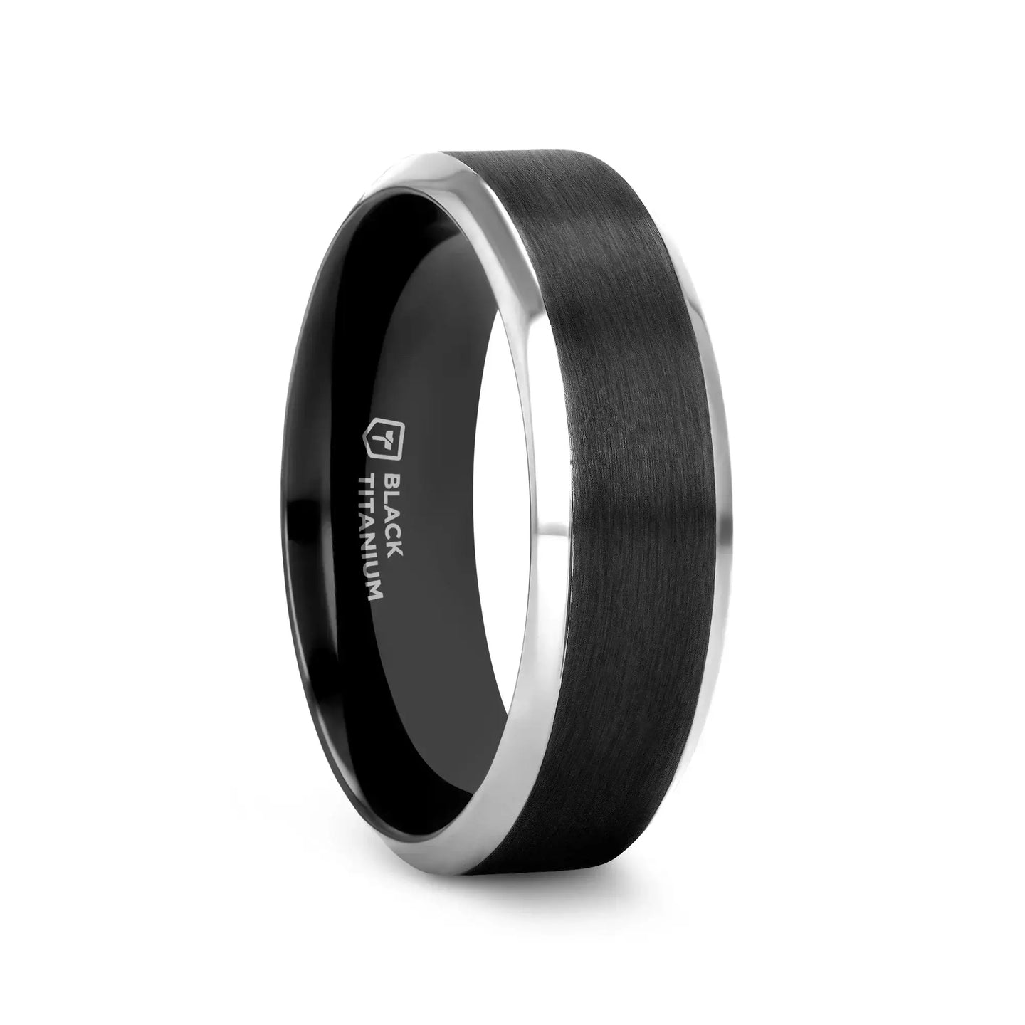 ATNOS Men’s Black Titanium Wedding Ring with Brushed Center and Polished Beveled Edges — 6mm & 8mm - Larson Jewelers