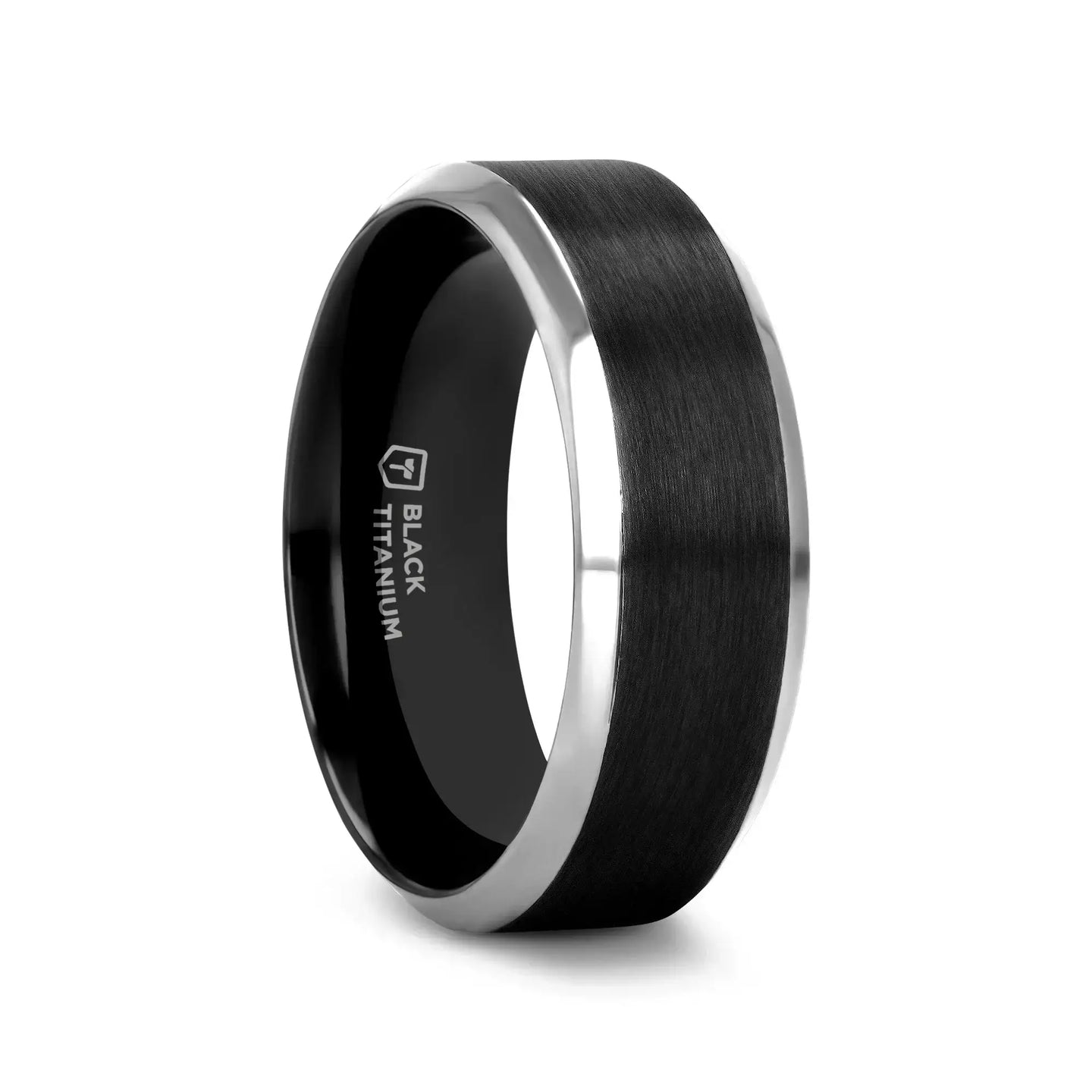 ATNOS Men’s Black Titanium Wedding Ring with Brushed Center and Polished Beveled Edges — 6mm & 8mm - Larson Jewelers