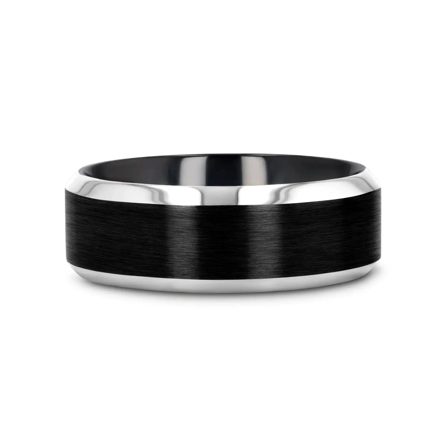 ATNOS Men’s Black Titanium Wedding Ring with Brushed Center and Polished Beveled Edges — 6mm & 8mm - Larson Jewelers