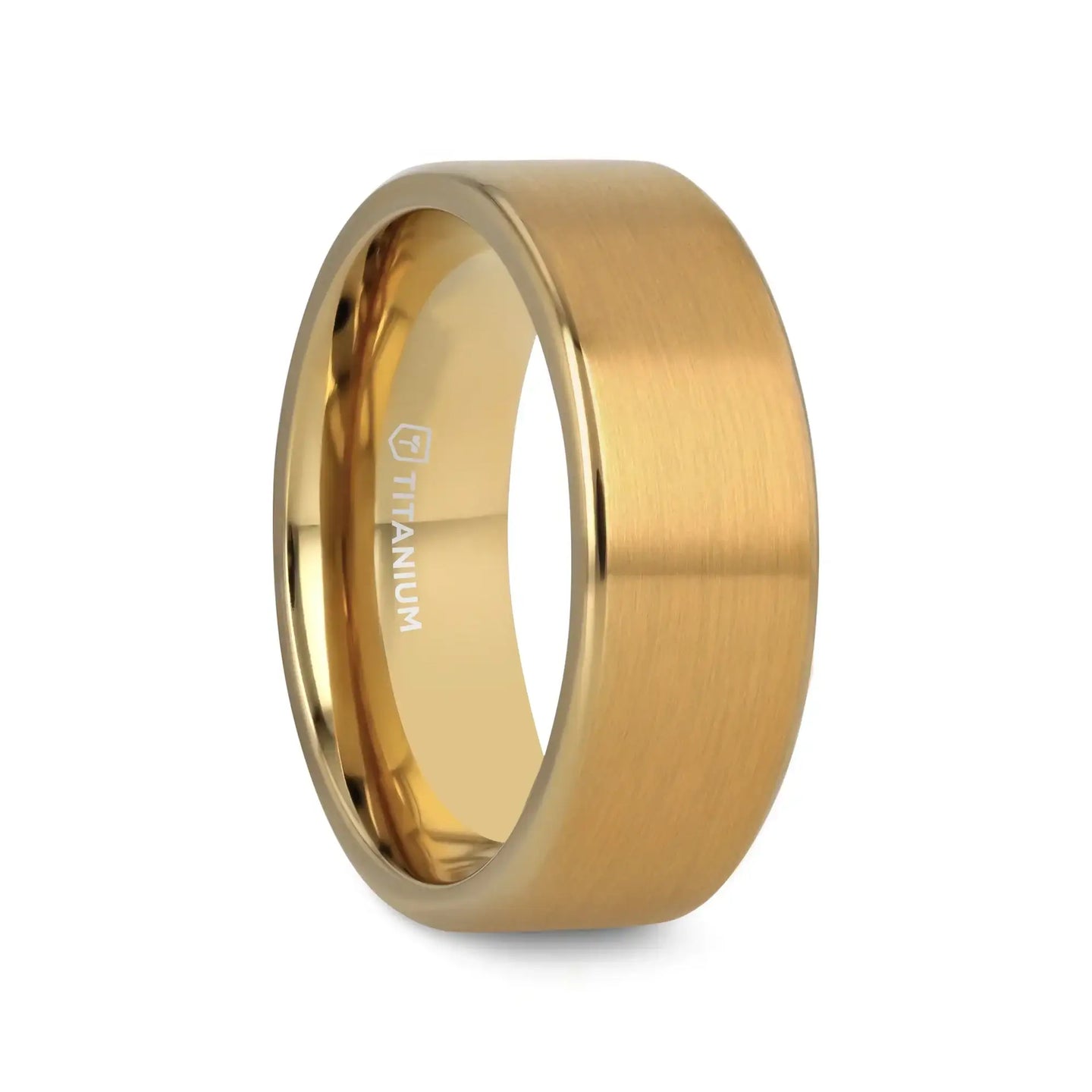 AURELIANO Yellow Gold Plating Titanium Men's Wedding Band With Flat Brushed Finish Center And Rounded Polished Edges - 8mm - Larson Jewelers