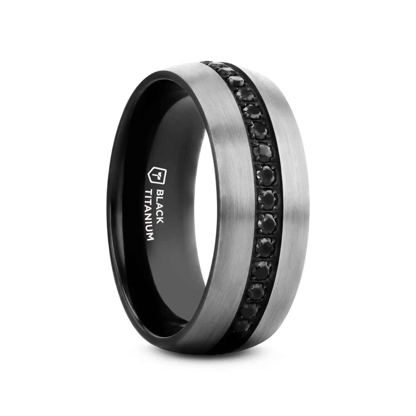 AVIATOR Domed Brushed Titanium Men's Wedding Band with Black Sapphire Stones Inlay - 8mm - Larson Jewelers