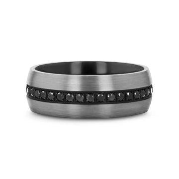 AVIATOR Domed Brushed Titanium Men's Wedding Band with Black Sapphire Stones Inlay - 8mm - Larson Jewelers