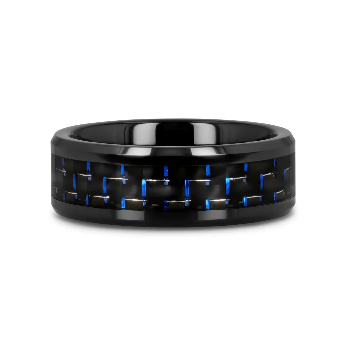 AVITUS Black Beveled Ceramic Ring with Blue & Black Carbon Fiber Inlay - 4mm - 10mm - Larson Jewelers