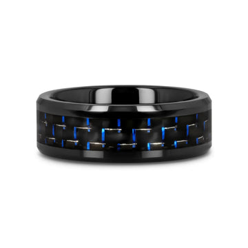 AVITUS Black Beveled Ceramic Ring with Blue & Black Carbon Fiber Inlay - 4mm - 10mm - Larson Jewelers