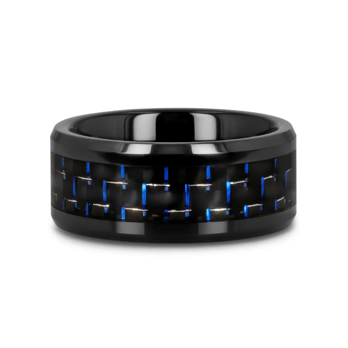 AVITUS Black Beveled Ceramic Ring with Blue & Black Carbon Fiber Inlay - 4mm - 10mm - Larson Jewelers