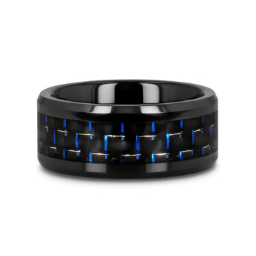 AVITUS Black Beveled Ceramic Ring with Blue & Black Carbon Fiber Inlay - 4mm - 10mm - Larson Jewelers