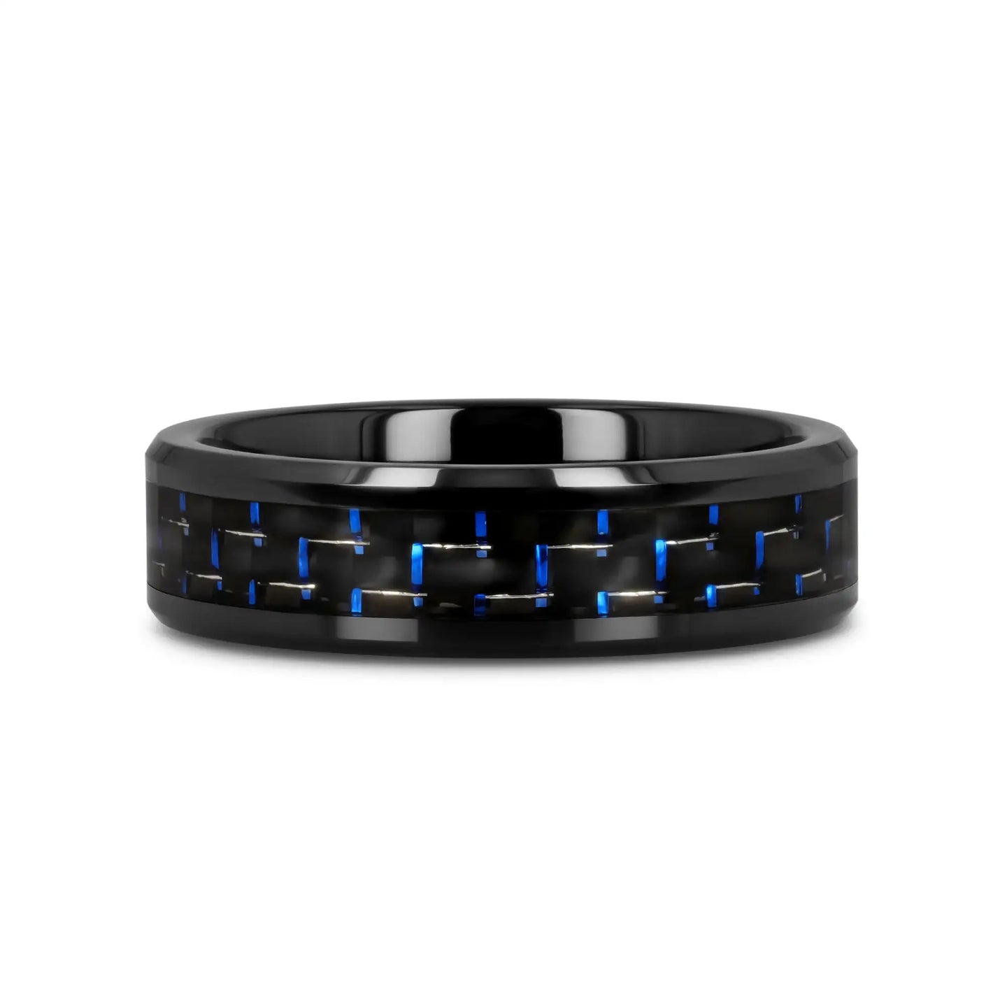 AVITUS Black Beveled Ceramic Ring with Blue & Black Carbon Fiber Inlay - 4mm - 10mm - Larson Jewelers