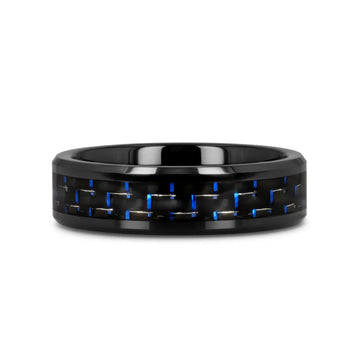 AVITUS Black Beveled Ceramic Ring with Blue & Black Carbon Fiber Inlay - 4mm - 10mm - Larson Jewelers