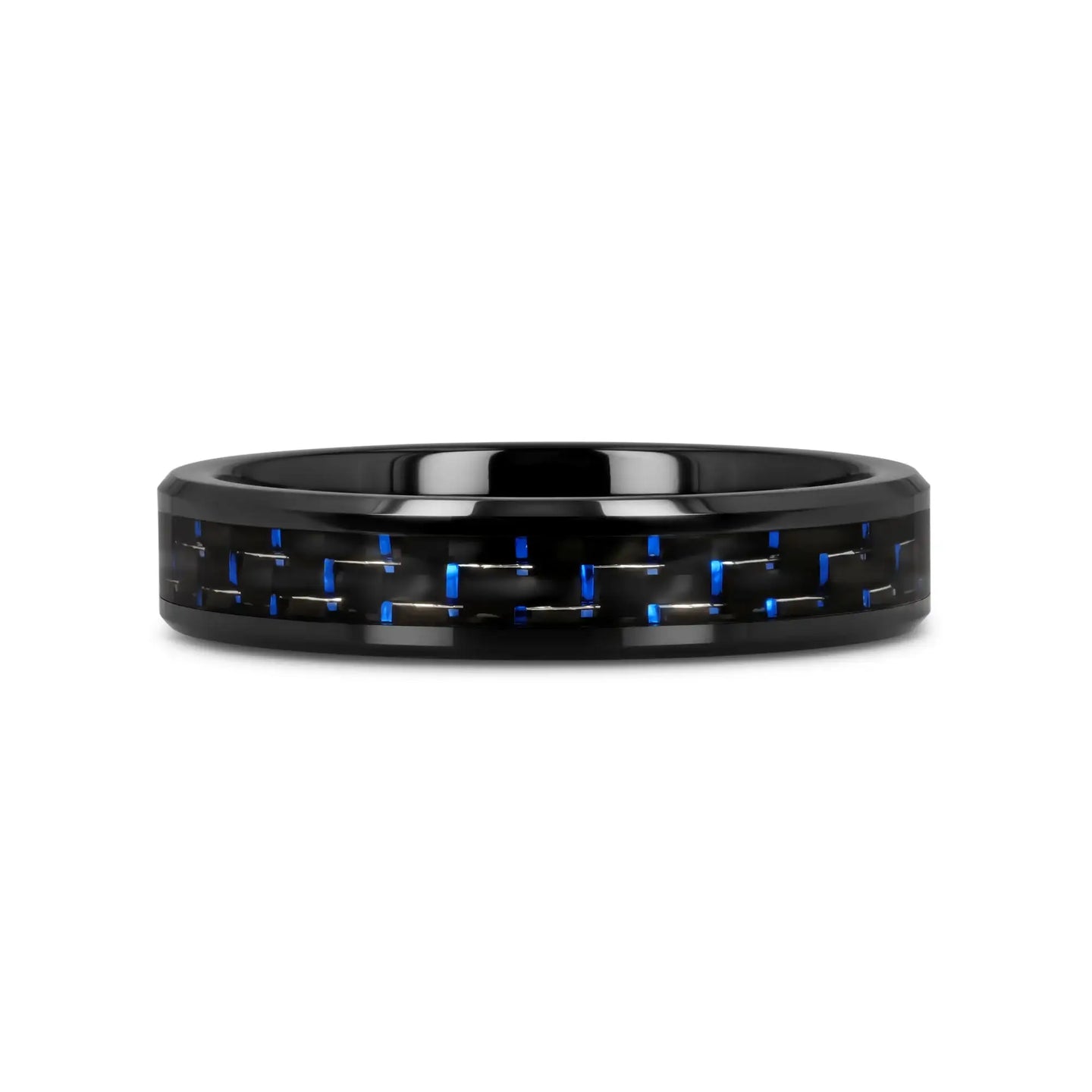 AVITUS Black Beveled Ceramic Ring with Blue & Black Carbon Fiber Inlay - 4mm - 10mm - Larson Jewelers
