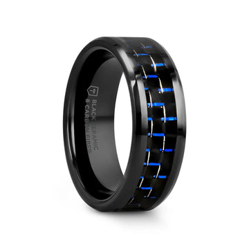AVITUS Black Beveled Ceramic Ring with Blue & Black Carbon Fiber Inlay - 4mm - 10mm - Larson Jewelers