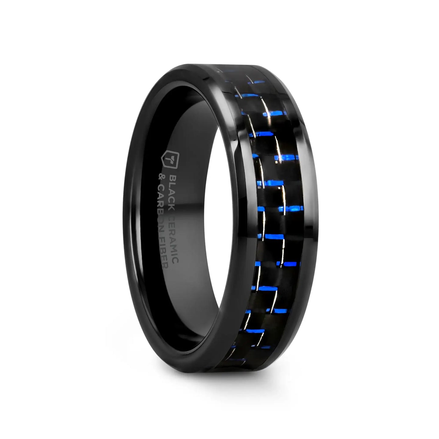 AVITUS Black Beveled Ceramic Ring with Blue & Black Carbon Fiber Inlay - 4mm - 10mm - Larson Jewelers