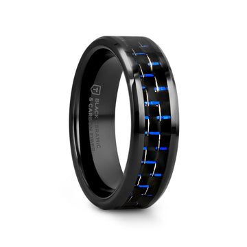 AVITUS Black Beveled Ceramic Ring with Blue & Black Carbon Fiber Inlay - 4mm - 10mm - Larson Jewelers