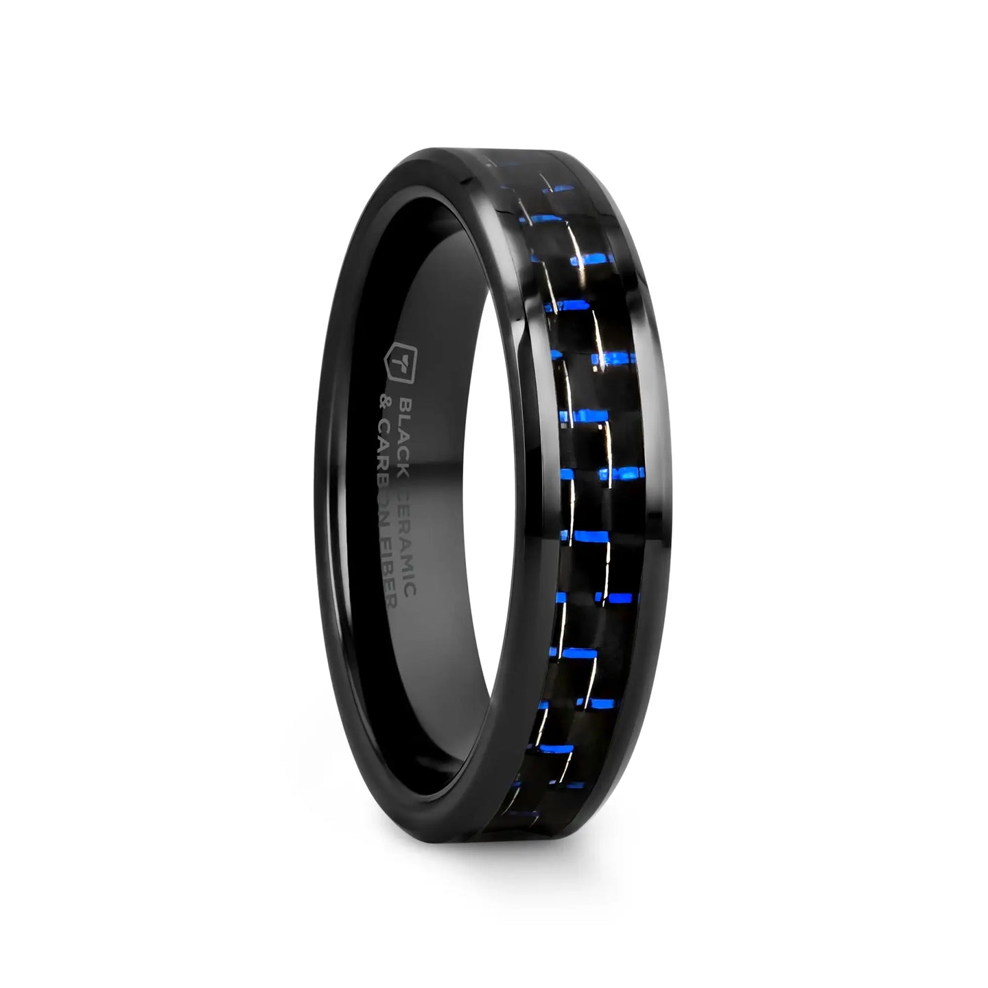 AVITUS Black Beveled Ceramic Ring with Blue & Black Carbon Fiber Inlay - 4mm - 10mm - Larson Jewelers