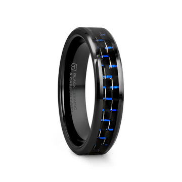 AVITUS Black Beveled Ceramic Ring with Blue & Black Carbon Fiber Inlay - 4mm - 10mm - Larson Jewelers