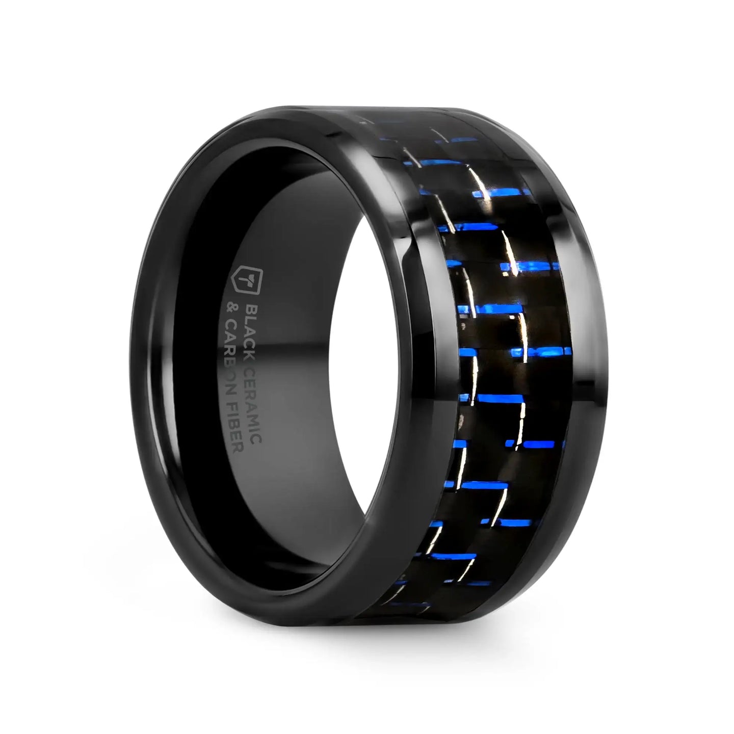 AVITUS Black Beveled Ceramic Ring with Blue & Black Carbon Fiber Inlay - 4mm - 10mm - Larson Jewelers