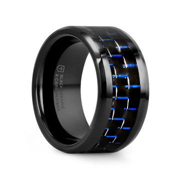 AVITUS Black Beveled Ceramic Ring with Blue & Black Carbon Fiber Inlay - 4mm - 10mm - Larson Jewelers