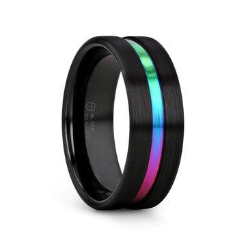 AZURE Flat Black Ceramic Ring Brushed with Rainbow Groove - 4mm - 8mm - Larson Jewelers
