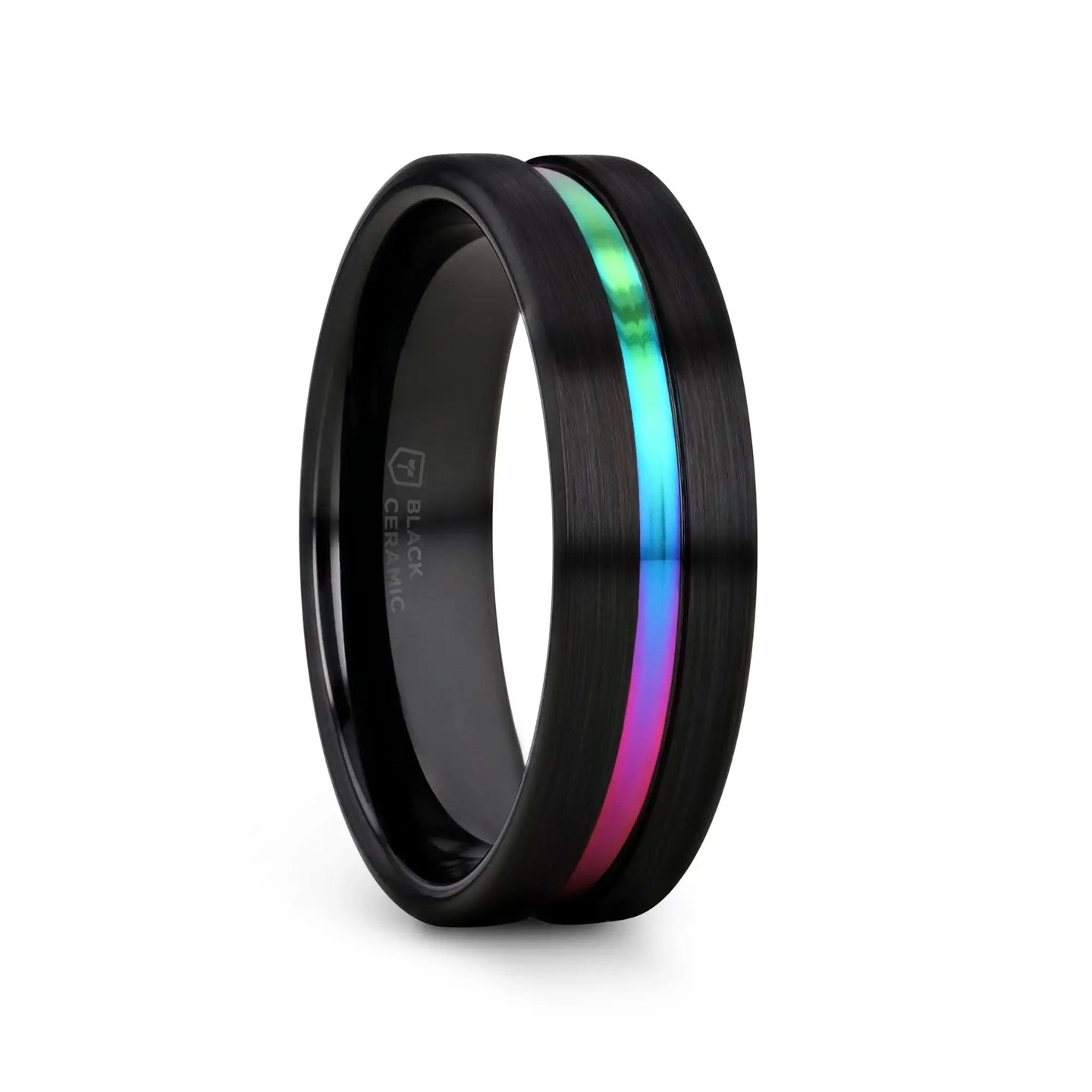 AZURE Flat Black Ceramic Ring Brushed with Rainbow Groove - 4mm - 8mm - Larson Jewelers
