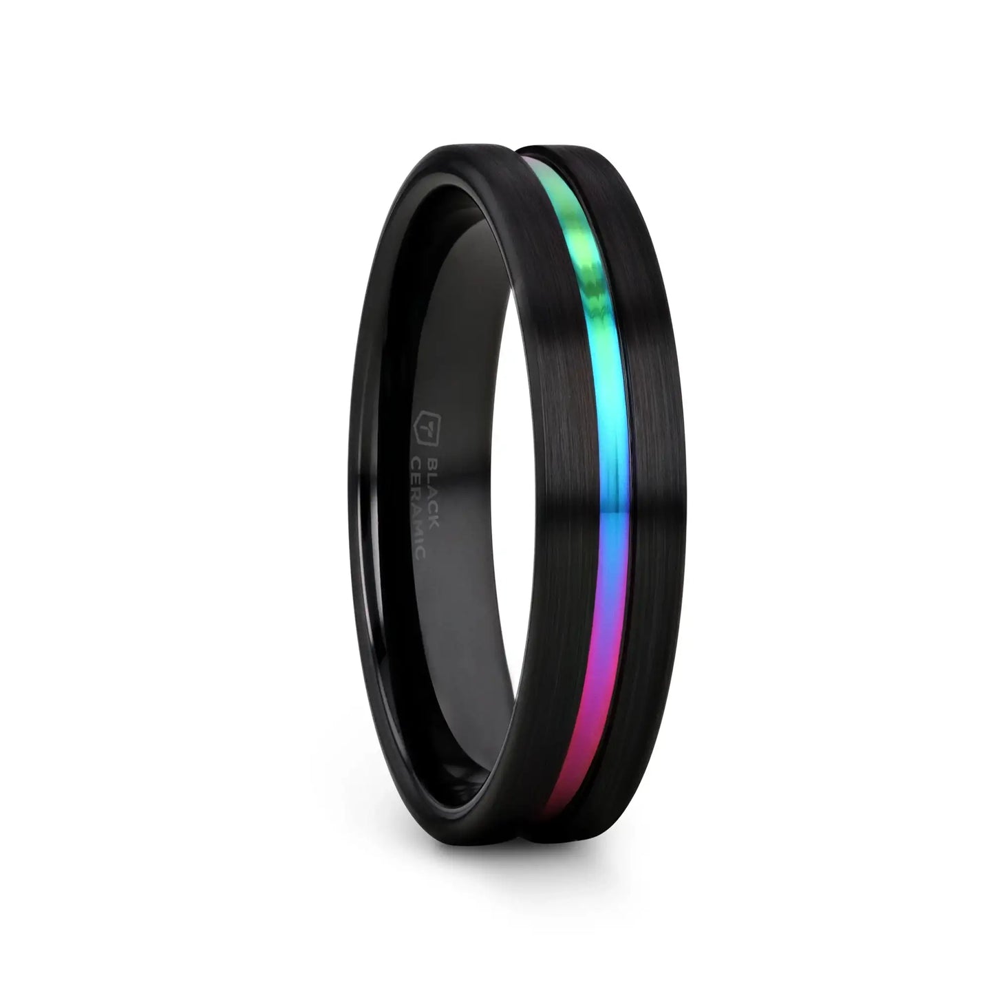 AZURE Flat Black Ceramic Ring Brushed with Rainbow Groove - 4mm - 8mm - Larson Jewelers