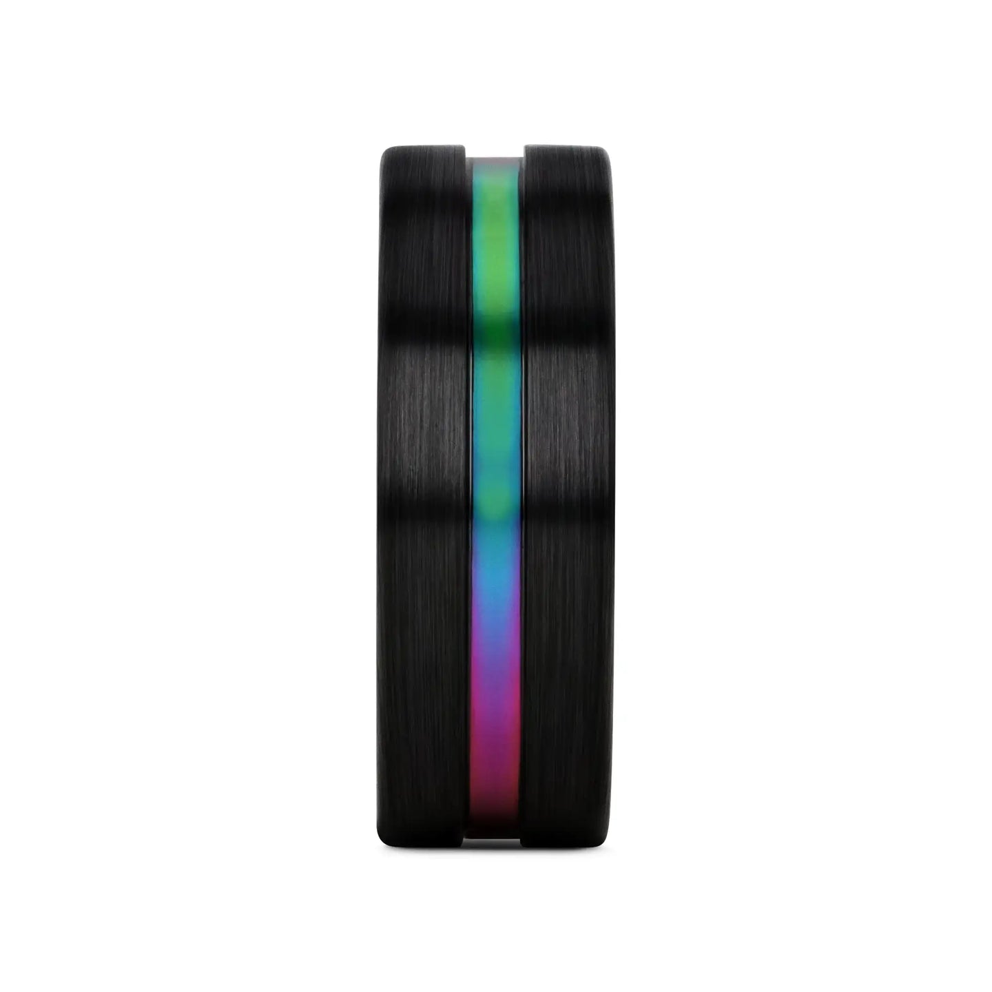 AZURE Flat Black Ceramic Ring Brushed with Rainbow Groove - 4mm - 8mm - Larson Jewelers