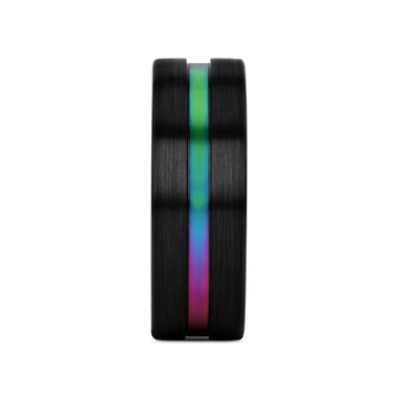 AZURE Flat Black Ceramic Ring Brushed with Rainbow Groove - 4mm - 8mm - Larson Jewelers