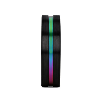 AZURE Flat Black Ceramic Ring Brushed with Rainbow Groove - 4mm - 8mm - Larson Jewelers