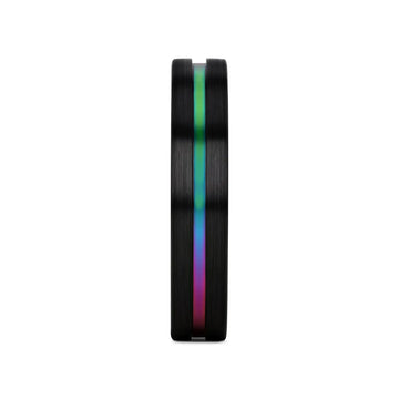 AZURE Flat Black Ceramic Ring Brushed with Rainbow Groove - 4mm - 8mm - Larson Jewelers