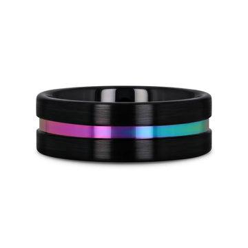 AZURE Flat Black Ceramic Ring Brushed with Rainbow Groove - 4mm - 8mm - Larson Jewelers