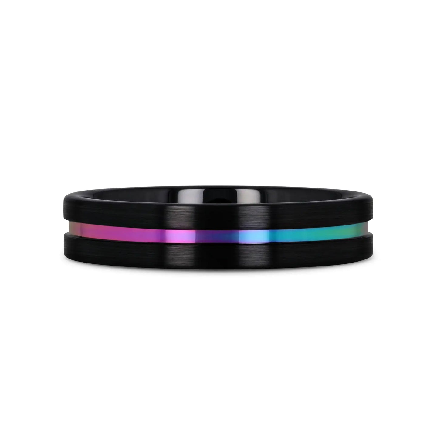 AZURE Flat Black Ceramic Ring Brushed with Rainbow Groove - 4mm - 8mm - Larson Jewelers