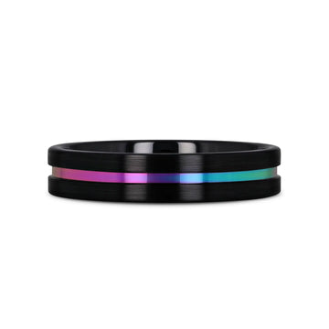 AZURE Flat Black Ceramic Ring Brushed with Rainbow Groove - 4mm - 8mm - Larson Jewelers