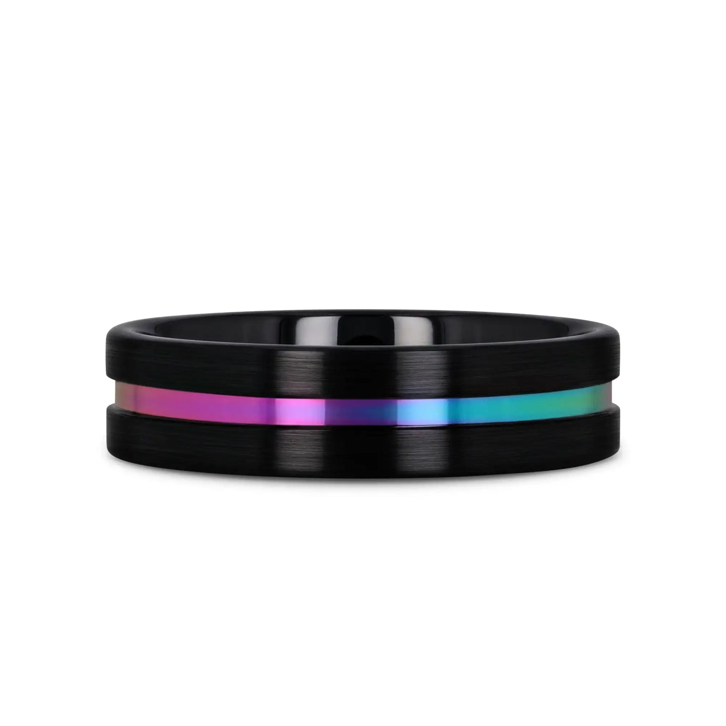 AZURE Flat Black Ceramic Ring Brushed with Rainbow Groove - 4mm - 8mm - Larson Jewelers