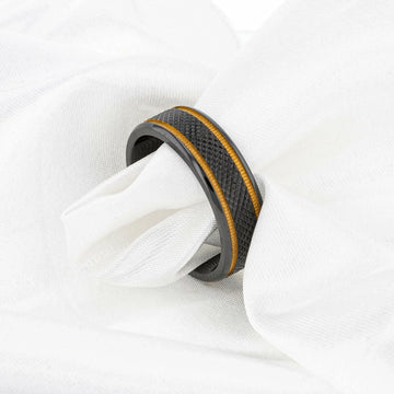BAROQUE Black Titanium Diamond Pattern Brushed Finish Men’s Wedding Ring with Gold Milgrain Grooves – 8mm - Larson Jewelers