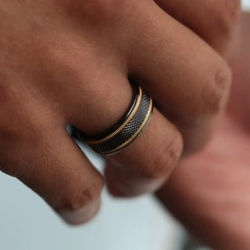 BAROQUE Black Titanium Diamond Pattern Brushed Finish Men’s Wedding Ring with Gold Milgrain Grooves – 8mm - Larson Jewelers