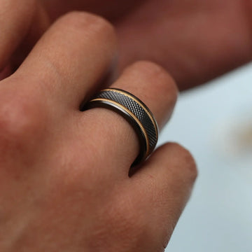 BAROQUE Black Titanium Diamond Pattern Brushed Finish Men’s Wedding Ring with Gold Milgrain Grooves – 8mm - Larson Jewelers