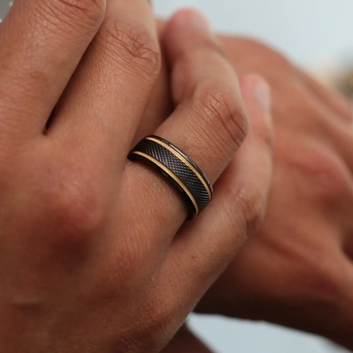 BAROQUE Black Titanium Diamond Pattern Brushed Finish Men’s Wedding Ring with Gold Milgrain Grooves – 8mm - Larson Jewelers