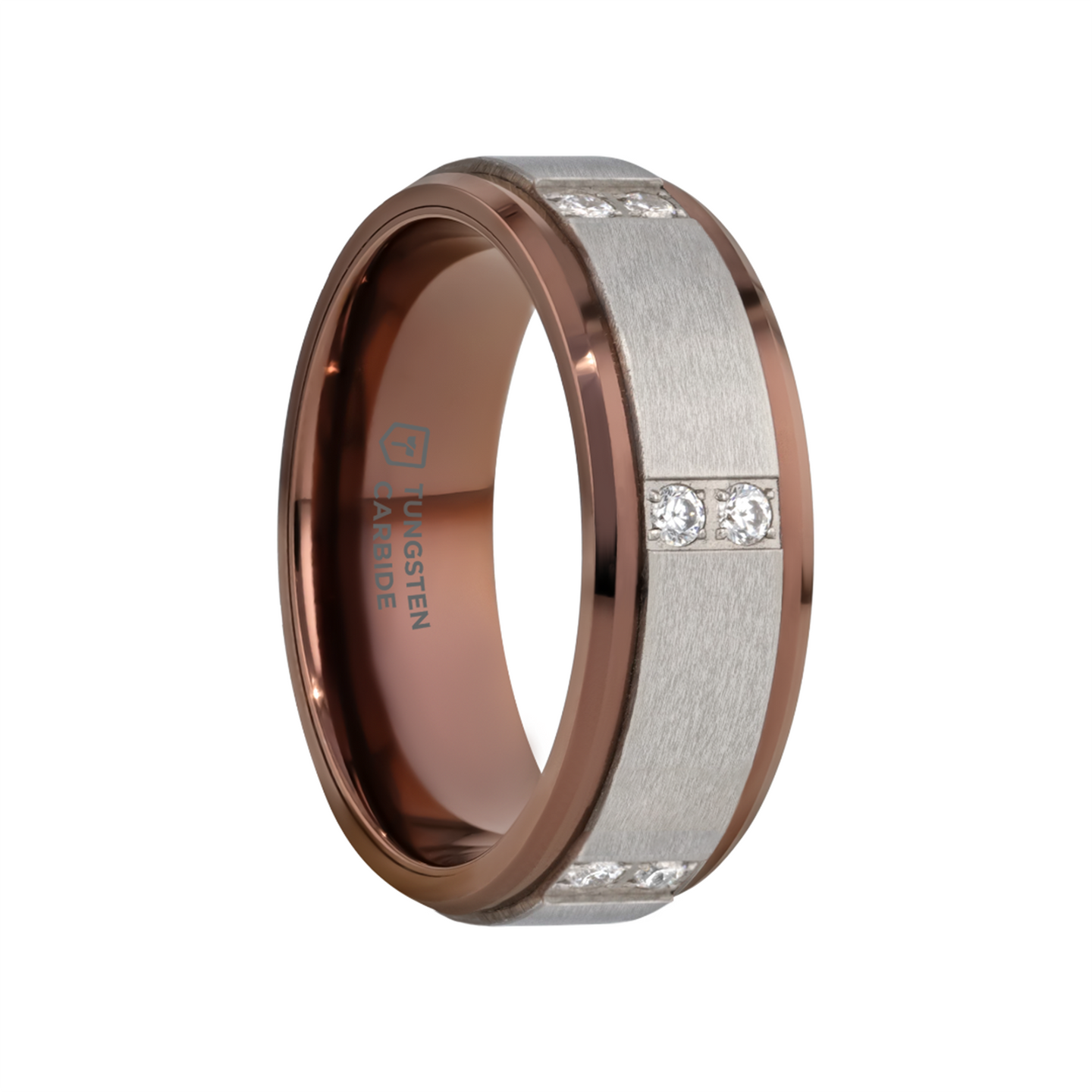 BEOWULF Raised Center Brushed Espresso Tungsten Carbide Wedding Band with Channel-Set Diamonds - 8mm