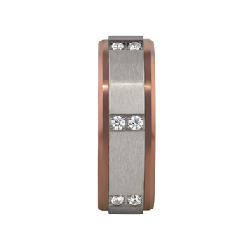 Two-tone tungsten carbide and rose gold wedding band with brushed center stripe and six channel-set diamonds.