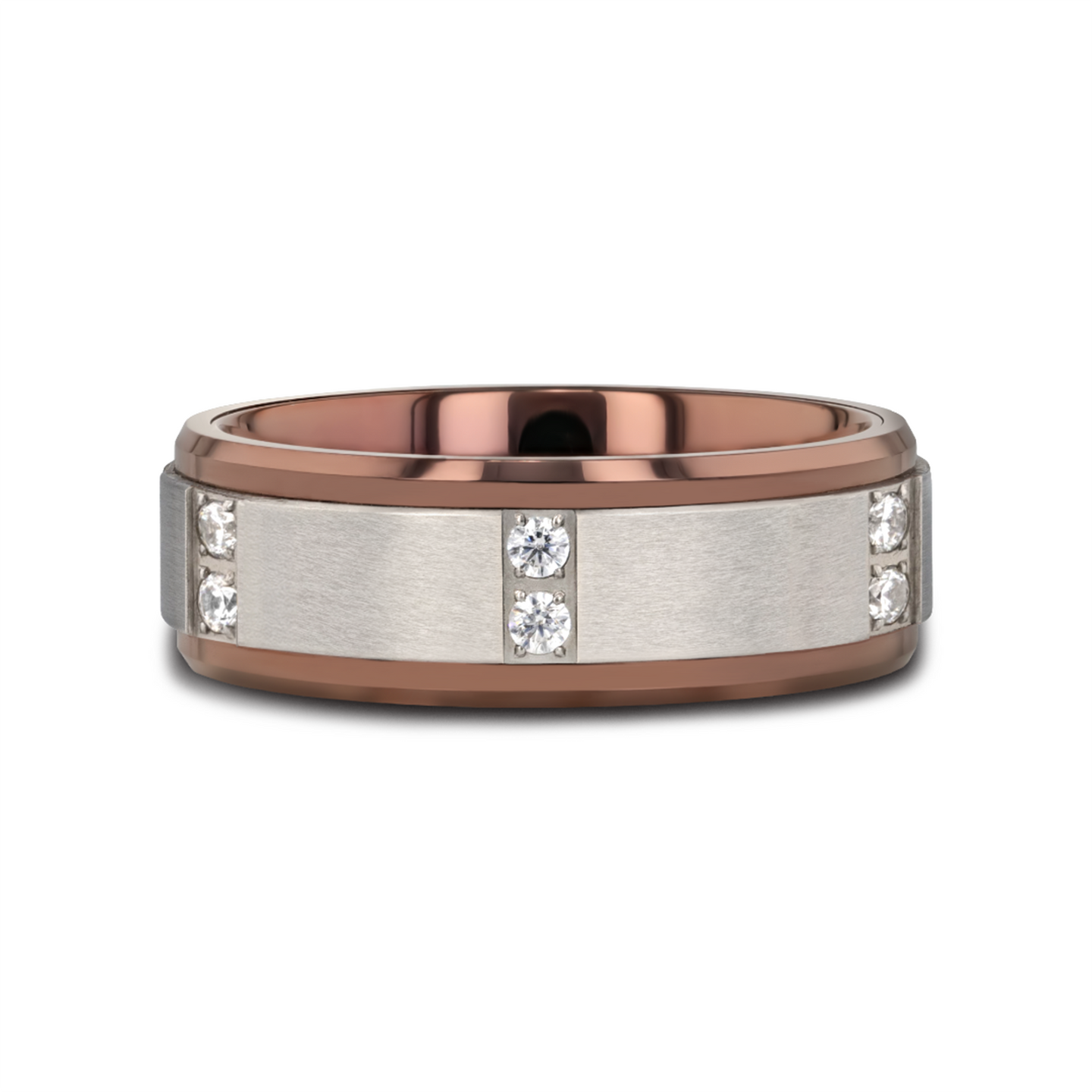 Two-tone tungsten carbide wedding band with brushed center stripe and channel-set diamonds on espresso sides.