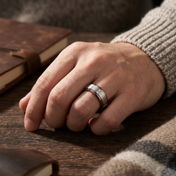 Dark brushed tungsten carbide wedding band with raised center and channel-set diamonds worn on person's ring finger.