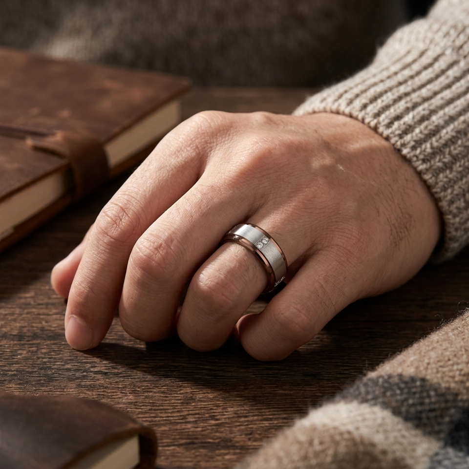Dark brushed tungsten carbide wedding band with raised center and channel-set diamonds worn on person's ring finger.