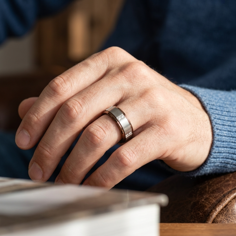 Dark brushed metal wedding band with raised center and channel-set diamonds worn on ring finger.