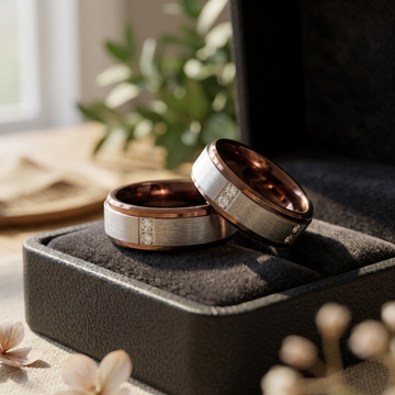 Two-tone tungsten carbide wedding bands with brushed centers, rose gold edges, and channel-set diamonds displayed on gray vel