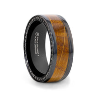 BOURBON Black Zirconium Ring with Whiskey Barrel Wood Inlay and Black Sapphires - 8mm