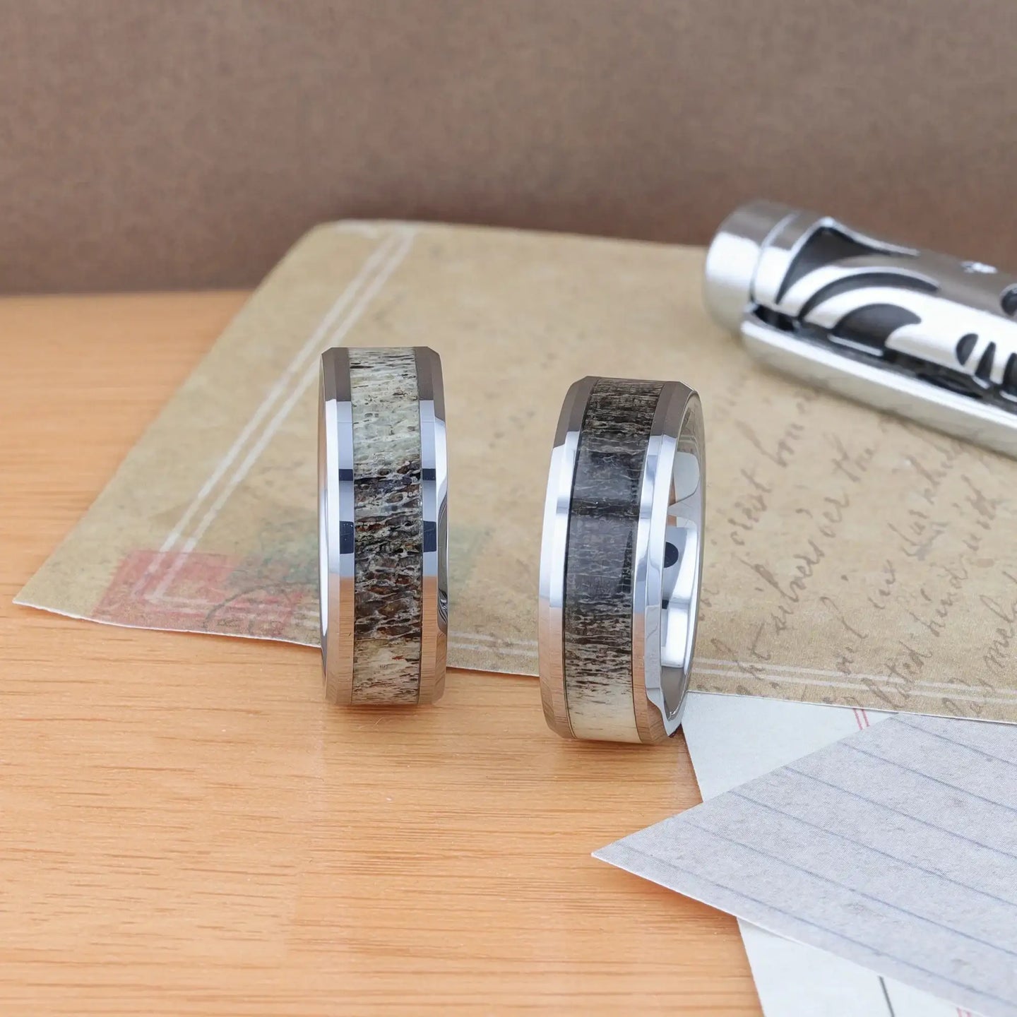 BUCK Polished Beveled Tungsten Carbide Men's Wedding Band with Ombre Deer Antler Inlay - 6mm & 8mm - Larson Jewelers