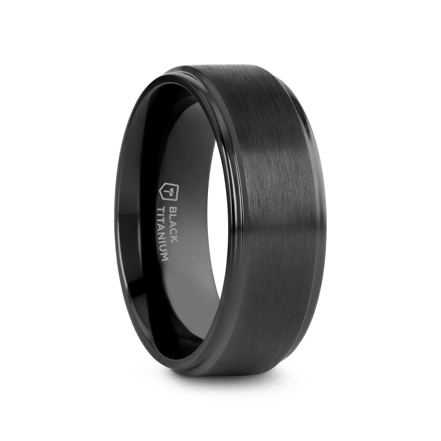 BABYLON Flat Black Titanium Ring with Brushed Raised Center & Polished Edges - 8mm - Larson Jewelers