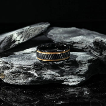 BAROQUE Black Titanium Diamond Pattern Brushed Finish Men’s Wedding Ring with Gold Milgrain Grooves – 8mm - Larson Jewelers
