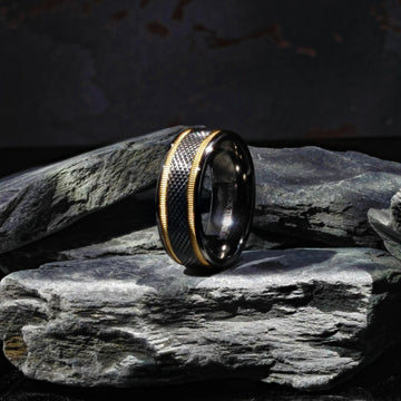 BAROQUE Black Titanium Diamond Pattern Brushed Finish Men’s Wedding Ring with Gold Milgrain Grooves – 8mm - Larson Jewelers